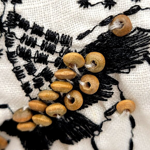 White Linen Button-Up Shirt With Black Floral Embroidery & Beaded Design - Picture 9 of 15